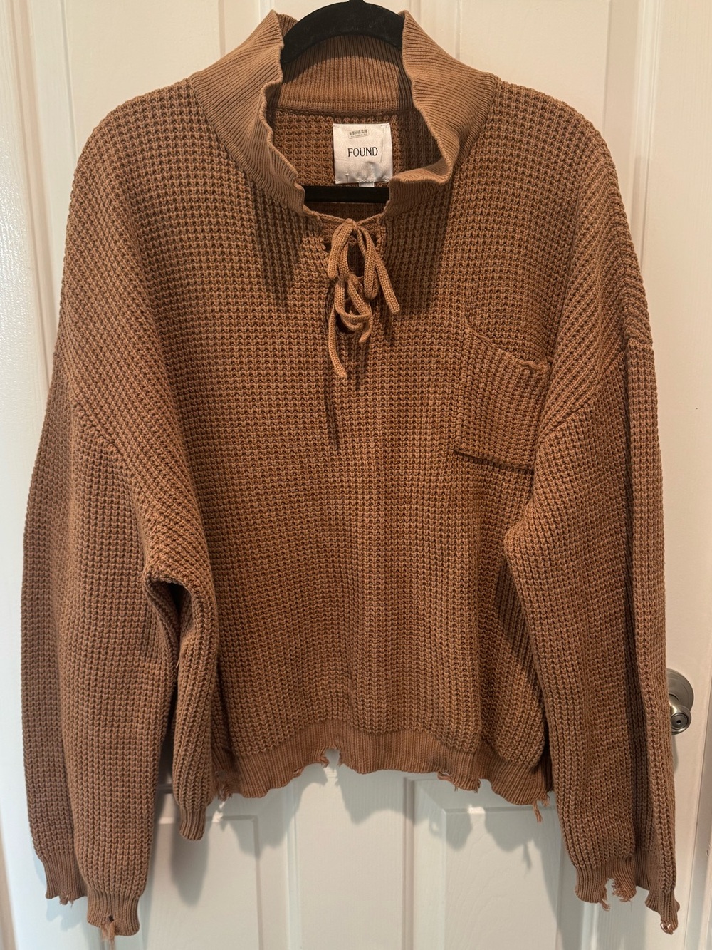 FOUND Caramel Brown Knit Pullover Sweater with Drawstring Collar Size L